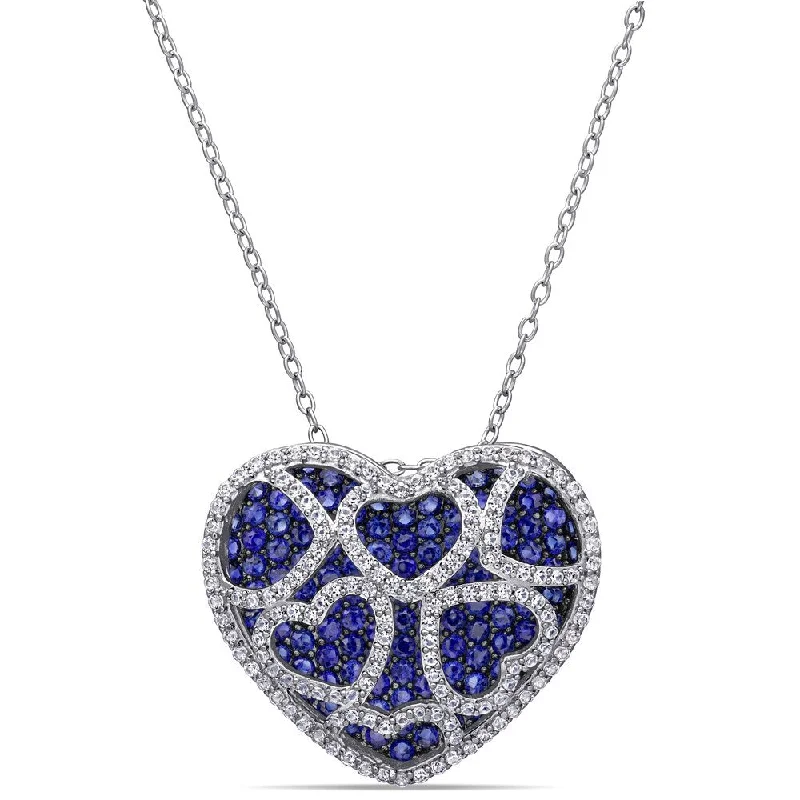 Women multi-stone necklaces -Miadora Sterling Silver with Black Rhodium Created Blue and White Sapphire Heart Necklace