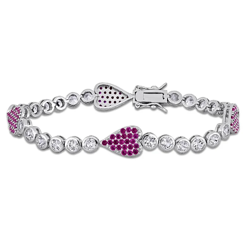 Women gemstone bangles and bracelets -Miadora 9 1/2ct TGW Created Ruby Created White Sapphire Heart Bracelet Sterling Silver