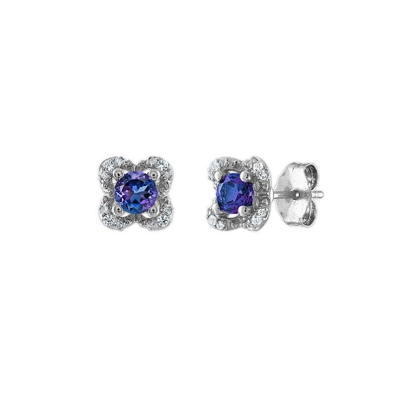 Women statement gemstone earrings -4MM Round Alexandrite and White Sapphire Birthstone Flower Halo Earrings in Sterling Silver