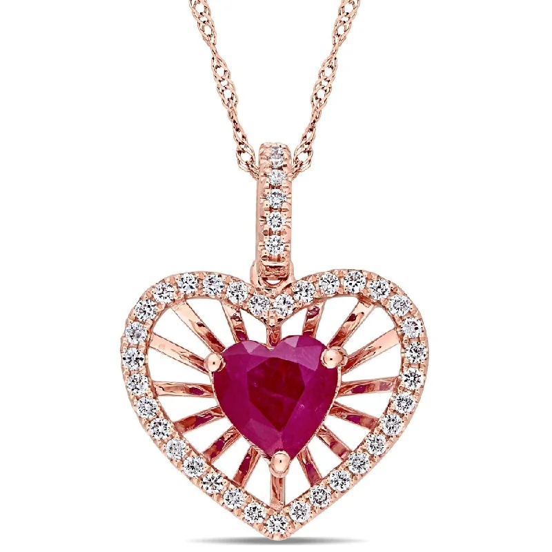 Silver necklaces for women -Miadora 14k Rose Gold Ruby and 1/4ct TDW Diamond Heart Halo Necklace