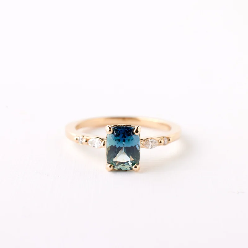 Women double bangle engagement rings -Nova Ring - 1.63 Carat Blue Teal Cushion Sapphire