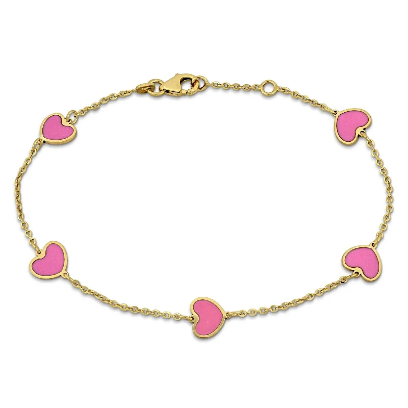 Women beaded bangles and bracelets -Miadora Pink Enamel Heart Station Bracelet 14K Yellow Gold