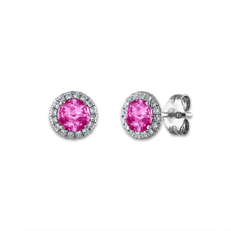 Women statement pearl earrings -5MM Round Pink Sapphire and White Sapphire Birthstone Stud Earrings in Sterling Silver