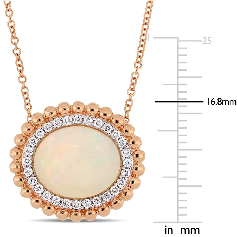 Women monogram necklaces -Miadora 14k Rose Gold Blue-Hued Ethiopian Opal and 1/4ct TDW Diamond Beaded Halo Necklace