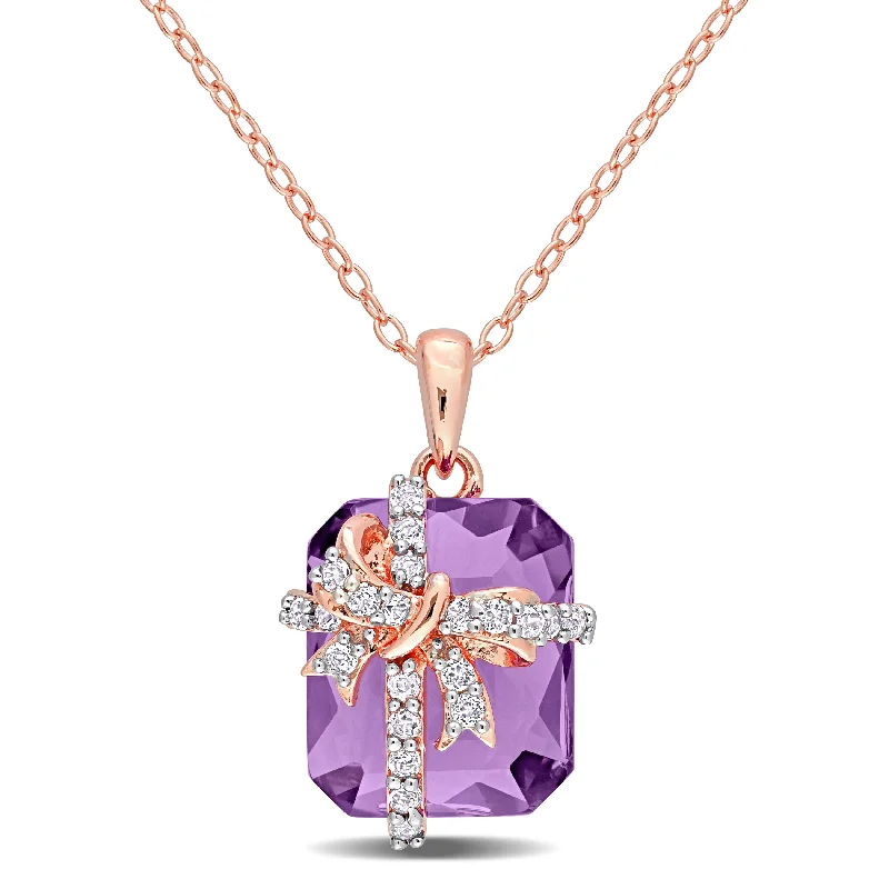 Women crystal-encrusted necklaces -Miadora Octagon Amethyst & White Topaz Bow Drop Necklace in Rose Plated Sterling Silver