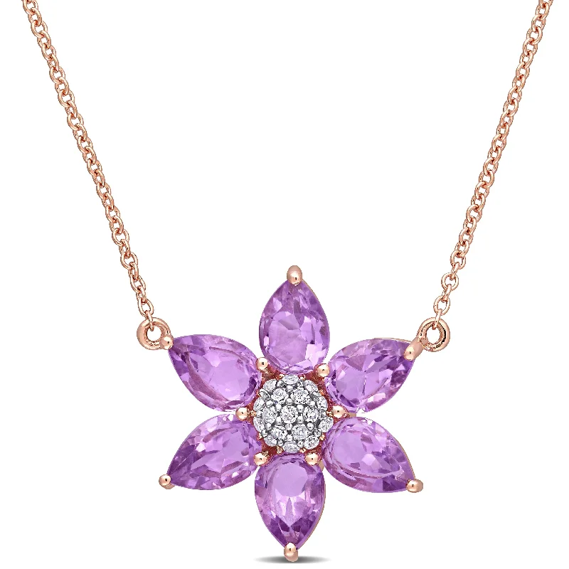 Women layered pendant necklaces -Miadora 10k Rose Gold Pear-cut Amethyst and 1/10ct TDW Diamond Clustered Floral Necklace