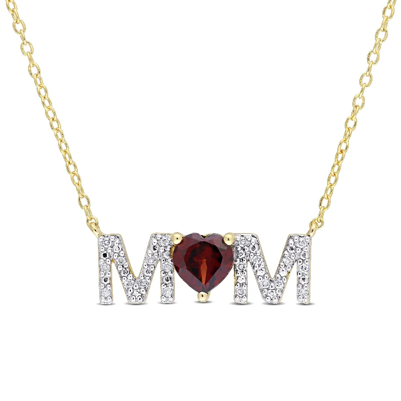 Women everyday gold necklaces -Miadora Heart Garnet and 1/10ct TDW Diamond "MOM" Station Necklace in Yellow Plated Sterling Silver