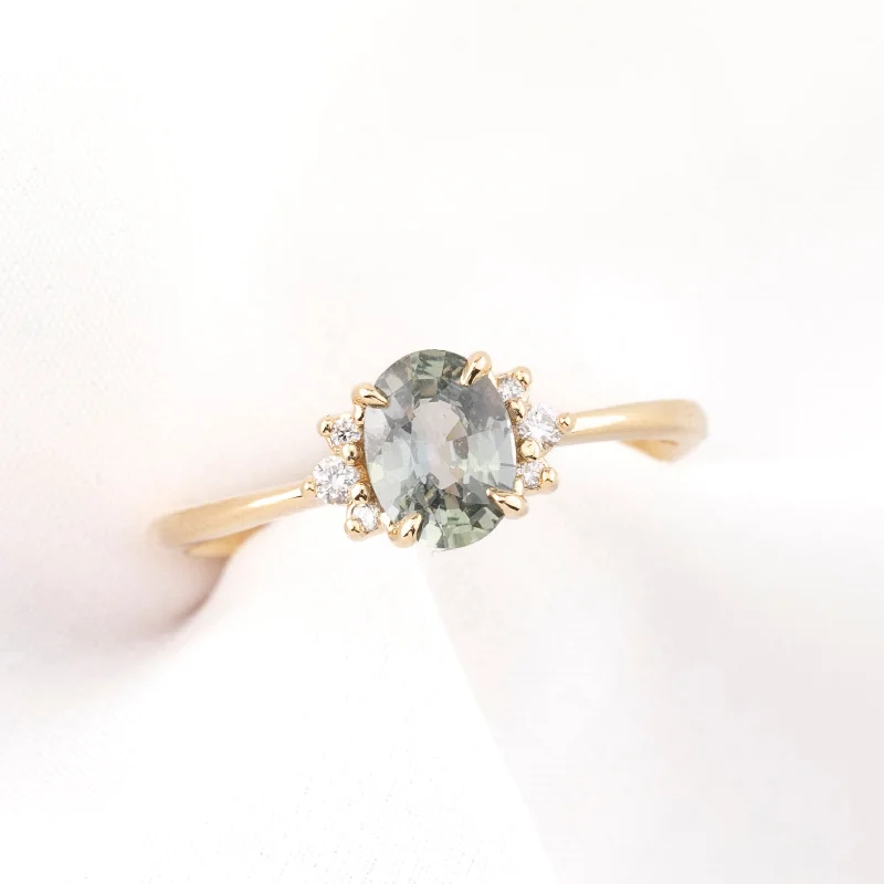 Women retro engagement rings -Lena Ring 0.82ct Light Green Madagascar Sapphire, 14k Yellow Gold (One of a kind)