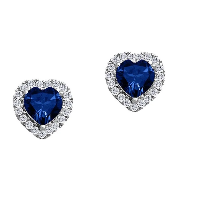 Women dangling gemstone earrings -5MM Heart Shape Blue Sapphire and White Sapphire Birthstone Halo Stud Earrings in 10KT White Gold