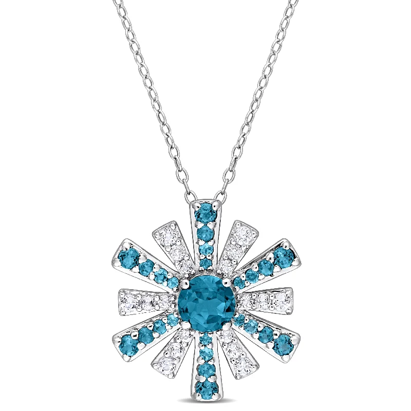 Women everyday necklaces -Miadora London Blue Topaz and White Topaz Floral Necklace in Sterling Silver