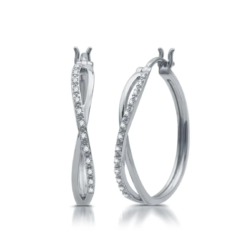 Women dangling gemstone earrings -1/10 CTW Diamond Infinity Hoop Earrings in Rhodium Plated Sterling Silver