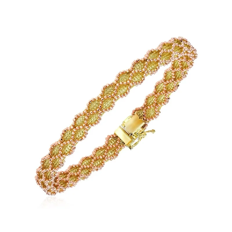 Women beaded bangles and bracelets -14k Two Tone Gold 7 1/2 inch Bracelet with Wavy Bead Texture